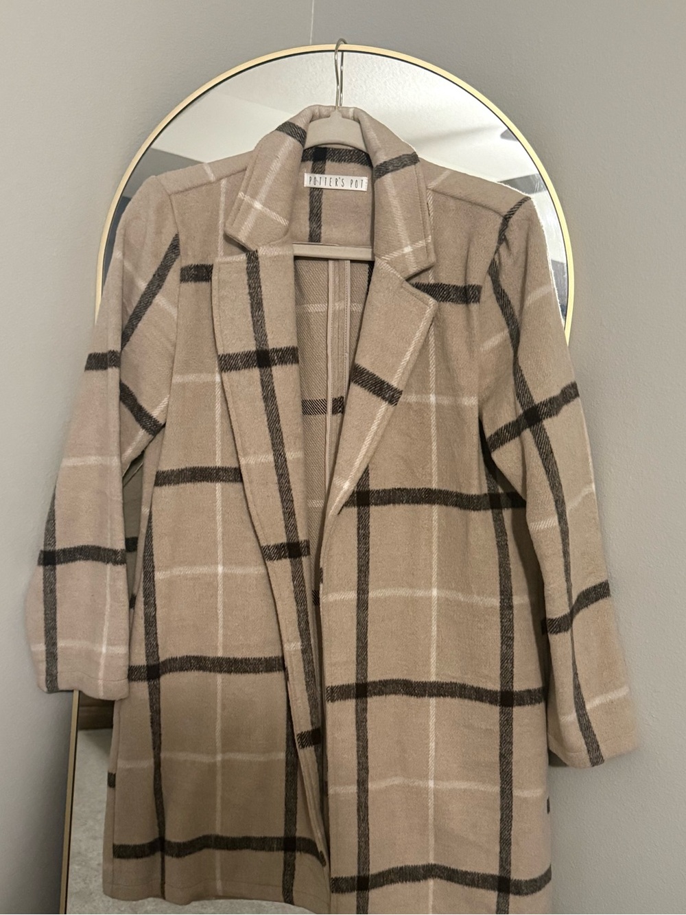 Beige Plaid Open Front Trench Coat